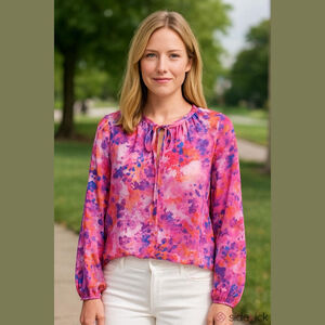 Adyson Parker Womans Plus Size1X Floral Watercolor Blouse Tie Neck Spring NEW